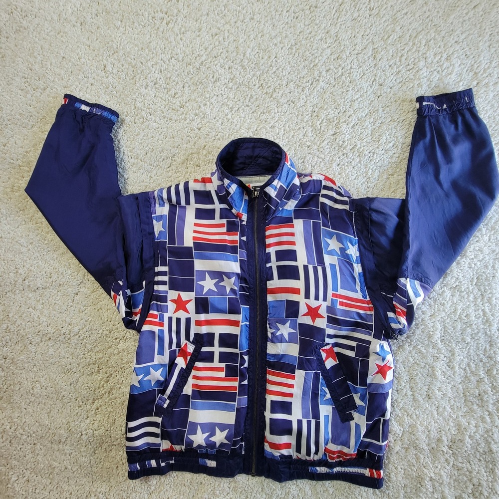 Vintage EVR Silk Bomber Jacket Americana Flag Star Print 90s Size Small